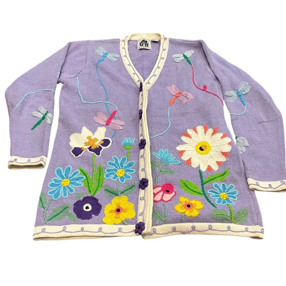 Vintage Storybook Knits Cardigan S‎ Purple Floral Dragonfly Embroidered Sweater